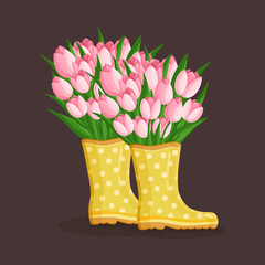 Bouquet of pink tulips flowers in rubber boots. Spring composition for women's day, mother's day, easter and other holidays. Floral design isolated vector illustration for postcard, poster and other.