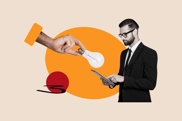 Creative collage picture of arm hold light bulb mini elegant guy use tablet isolated on painted beige background