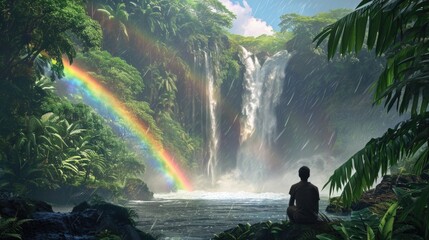 Man on his back, contemplating a rainbow over a waterfall generative ai - obrazy, fototapety, plakaty