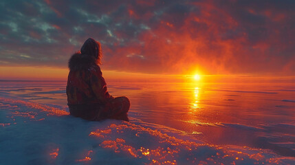 An atmospheric scene featuring an Inuit woman engaged in ice fishing, the tranquil frozen lake reflecting the glow of a setting sun, capturing the serene beauty and resilience of l - obrazy, fototapety, plakaty