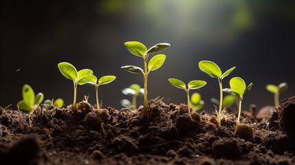 Tiny seedlings emerge from rich, dark soil, reaching eagerly for the sunlight in a vibrant display of early growth