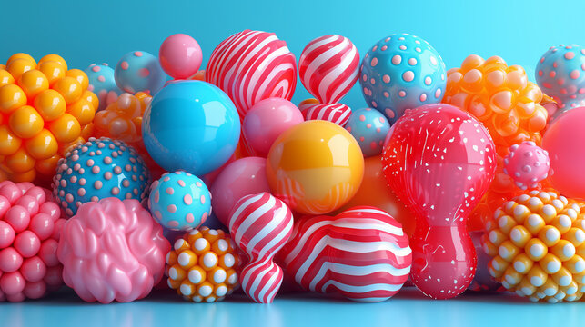 Inflated whimsical shapes in vibrant and pastel colours.