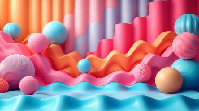Inflated whimsical shapes in vibrant pink and blue and pastel colours.