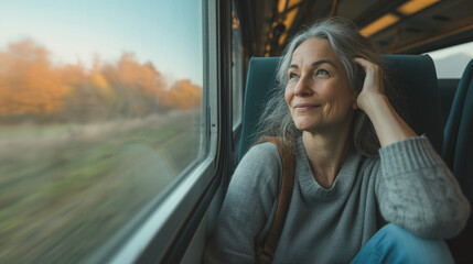 Mature woman traveling alone by train, visiting Europe, middle aged woman with long grey hair sitting by train window, solo trip, vacation in France, beautiful countryside view