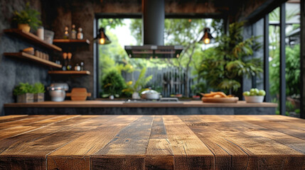 Wooden table with blurred modern kitchen.