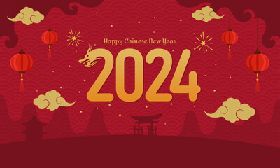 Chinese New Year 2024 year of the dragon greeting card with hanging lanterns on red background. suitable for poster, card or banner.