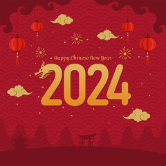 Chinese New Year 2024 year of the dragon greeting card with hanging lanterns on red background. suitable for poster, card or banner.