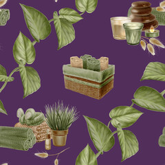Seamless pattern on dark purple background with theme spa in eco-friendly colors. Scindapsus Aureus leaves. For prints,cards,invitations,booklets,notepads,fabric wrapping paper,background.