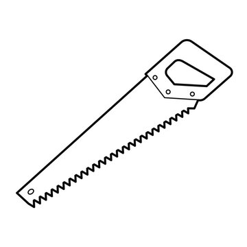 Hand saw on wood for sawing boards. Saw for construction and repair. Design element. Black and white outline illustration