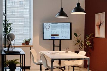 Interior of conference room in urban office with modern furniture and decorative plants