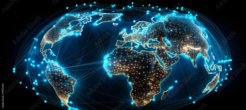 Poster global connectivity with interconnected communication lines symbolizing instant online connections
