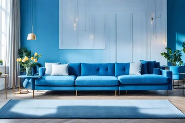 Modern blue living room design with sofa and furniture. Blurred bright living room with sofa and flowers. wide panorama, use for background