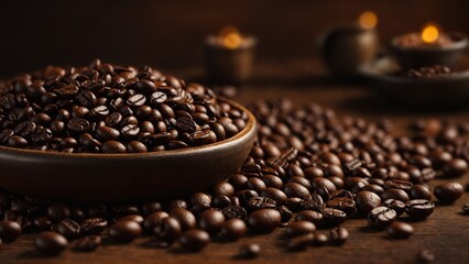 coffee beans in a Bowl chiaroscuro lighting - background of coffee seeds dark mood - obrazy, fototapety, plakaty