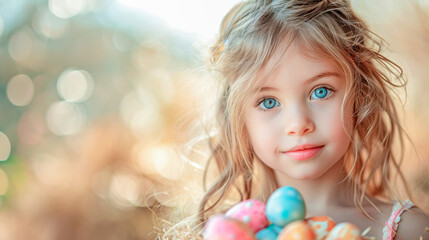 Fototapeta na wymiar AI illustration of a girl holding colorful Easter eggs.