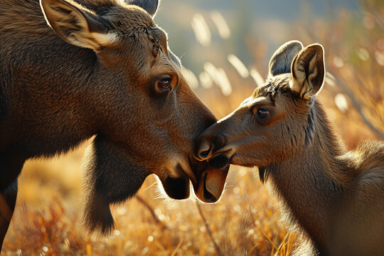 a mother moose with her calf, depicting tender moments