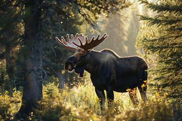 The moose shows off its pride and beautiful antlers. - obrazy, fototapety, plakaty