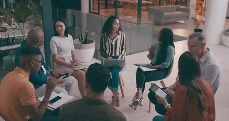 Business people, circle and teamwork for startup project, collaboration and meeting with multimedia technology. Group of employees talking, planning and collaboration for digital agency in a workshop - Powered by Adobe