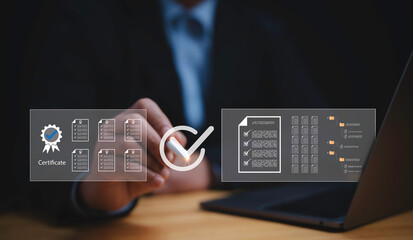 Businessman touching with virtual Quality Certificate and Checklist document analyst target...