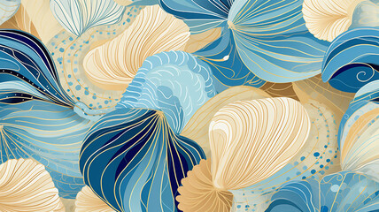 Seashells and Waves Pattern Nautical Color - obrazy, fototapety, plakaty
