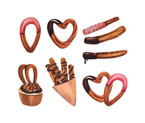 Churros sticks, hearts fried sweet biscuit dipped in chocolate sauce and strawberry pink syrup. Watercolor hand-drawn illustration isolated on white background. Desserts in Spanish or Mexican cuisine