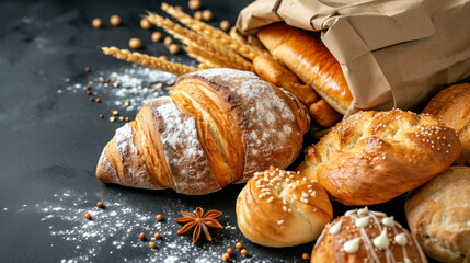 Top view of different types of tasty freshly baked bread in paper bags on wooden rustic table.