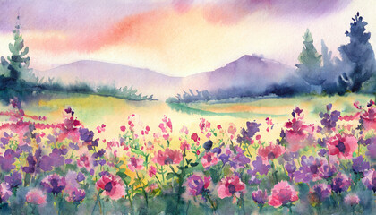 Watercolor Art Painting: Floral Abundance in Field Subtly Blooming at Evening