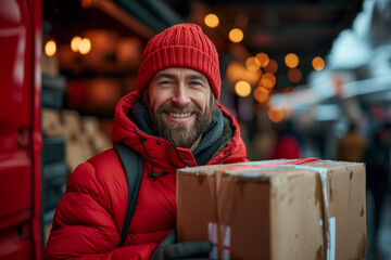 Fototapeta premium portrait of a smiling courier carrying parcels