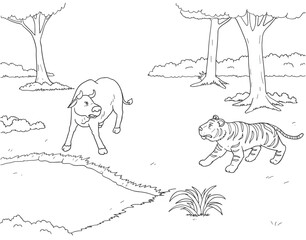 Tiger and cow cartoon drawing outline background