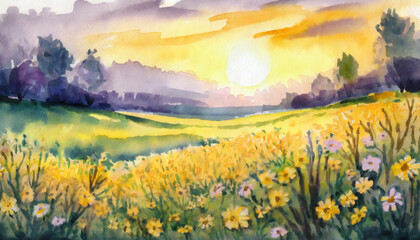 Fototapeta na wymiar Watercolor Art Painting: Floral Abundance in Field Subtly Blooming at Evening