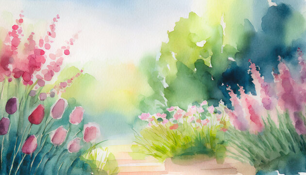 Watercolor Art Painting: Fresh Beginnings in Garden Softly at Afternoon
