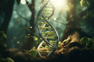 Botanical dna helix with green plants illustrating the genetic code s connection to plant life - obrazy, fototapety, plakaty