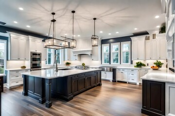 Beautiful kitchen in new traditional style luxury home, with quartz counters, hardwood floors, and stainless steel appliances white view