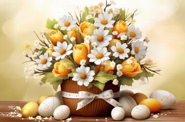 easter still life with eggs and flowers   easter basket with many colorful easter eggs with decorations