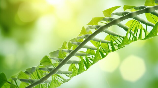 Vibrant green plants beautifully entangled with the mesmerizing spiral of a dna helix structure