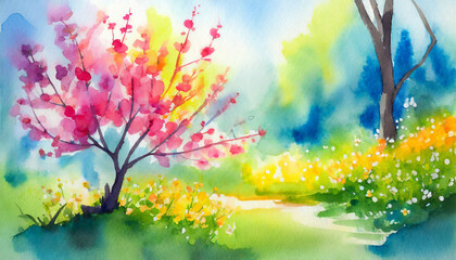 Watercolor Art Painting: Fresh Blossoms in Garden Joyfully at Noon