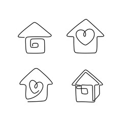 Heart inside the house, love and family symbol, Valentine's Day, greeting card, continuous line drawing, tattoo, print for clothes and logo design, isolated abstract vector illustration.