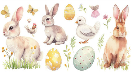 A collection of Easter themed drawings featuring Easter bunnies and Easter eggs as well as a chicken and all in a watercolor style in soft colors and cute bunnies .
