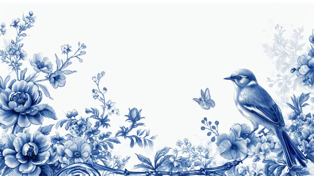 A blue and white border with flowers, in the style of life-like avian illustrations, luxurious fabrics, monochromatic ink washes