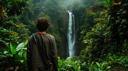 Man looking towards a distant waterfall generative ai