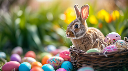 Fototapeta na wymiar A rabbit sits in a basket on the foreground of Easter colored eggs.