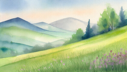 Watercolor Art Painting: Meadow Serenity Tenderly on Hillside in Mid-Morning