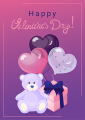 A4 vector illustration: pink box,soft bear, heart balloons in white, dark, and pink, and handwritten greetings. Ideal for banners, posters, cards, or postcards with a love or Valentine's Day theme.