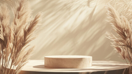 Beautiful podium composition studio pampas nature splay cosmetic minimal showcase background promotion grass beige abstract bright pedestal vase beauty shadow