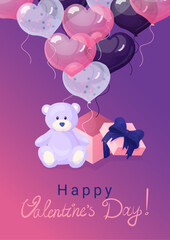 A4 vector illustration: pink box,soft bear, heart balloons in white, dark, and pink, and handwritten greetings. Ideal for banners, posters, cards, or postcards with a love or Valentine's Day theme.