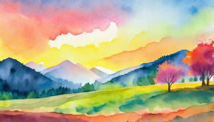 Watercolor Art Painting: Spring in the Air Mountainside Playfully at Sunset