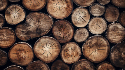 Stack of dark wooden stumps in cross section