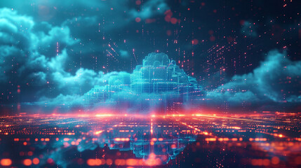 Virtual cloud abstract: Unleashing the power of digital data processing, it seamlessly integrates computing, storage, and networking for agile, scalable, and efficient operations. - obrazy, fototapety, plakaty