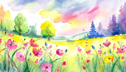 Watercolor Art Painting: Springtime Meadow with Chirping Birds Softly in Afternoon