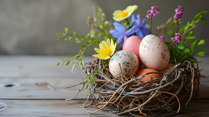 Naklejka na ściany i meble Festive Easter eggs in clay plate of willow twigs on a table. Light background Happy Easter concept.