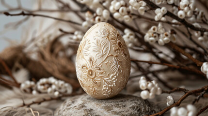 Wax painted egg and plum flowers on wooden surface with beige decoration